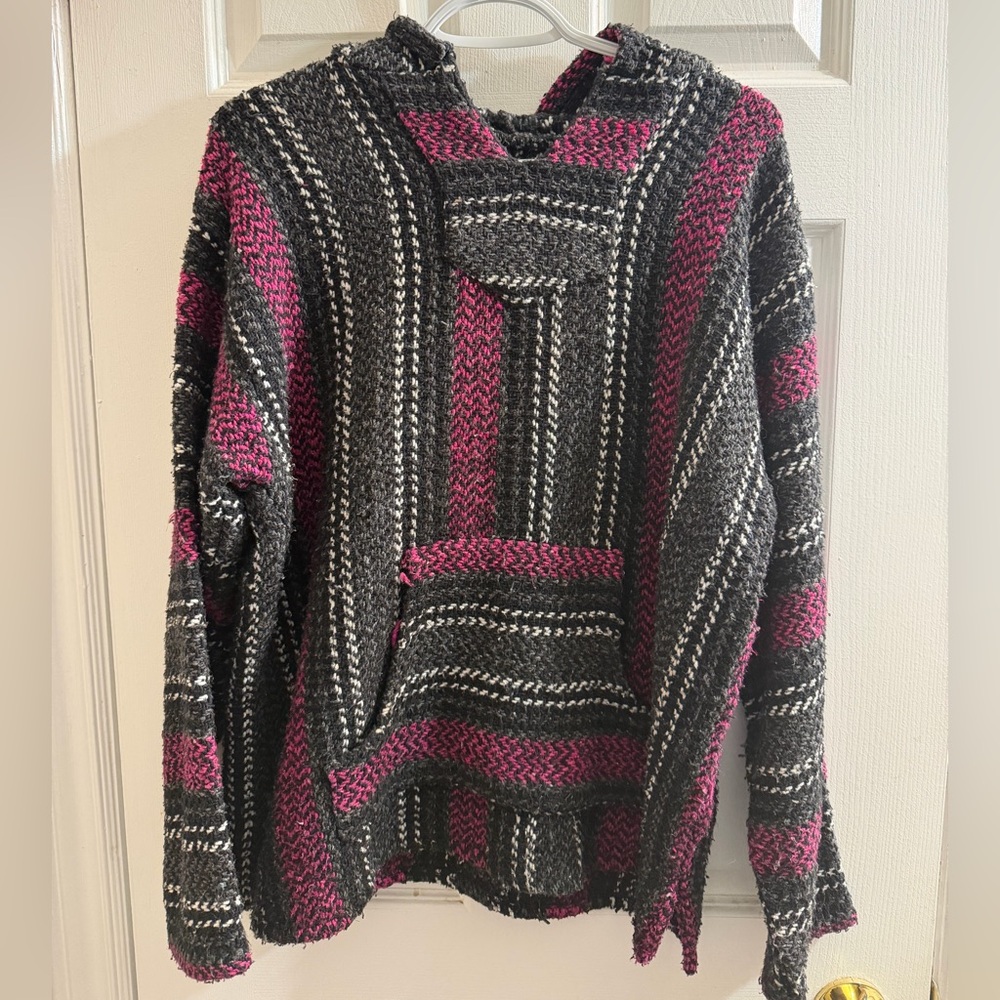 Baja Joe Striped Hooded Baja-Style Sweater in Charcoal & Magenta